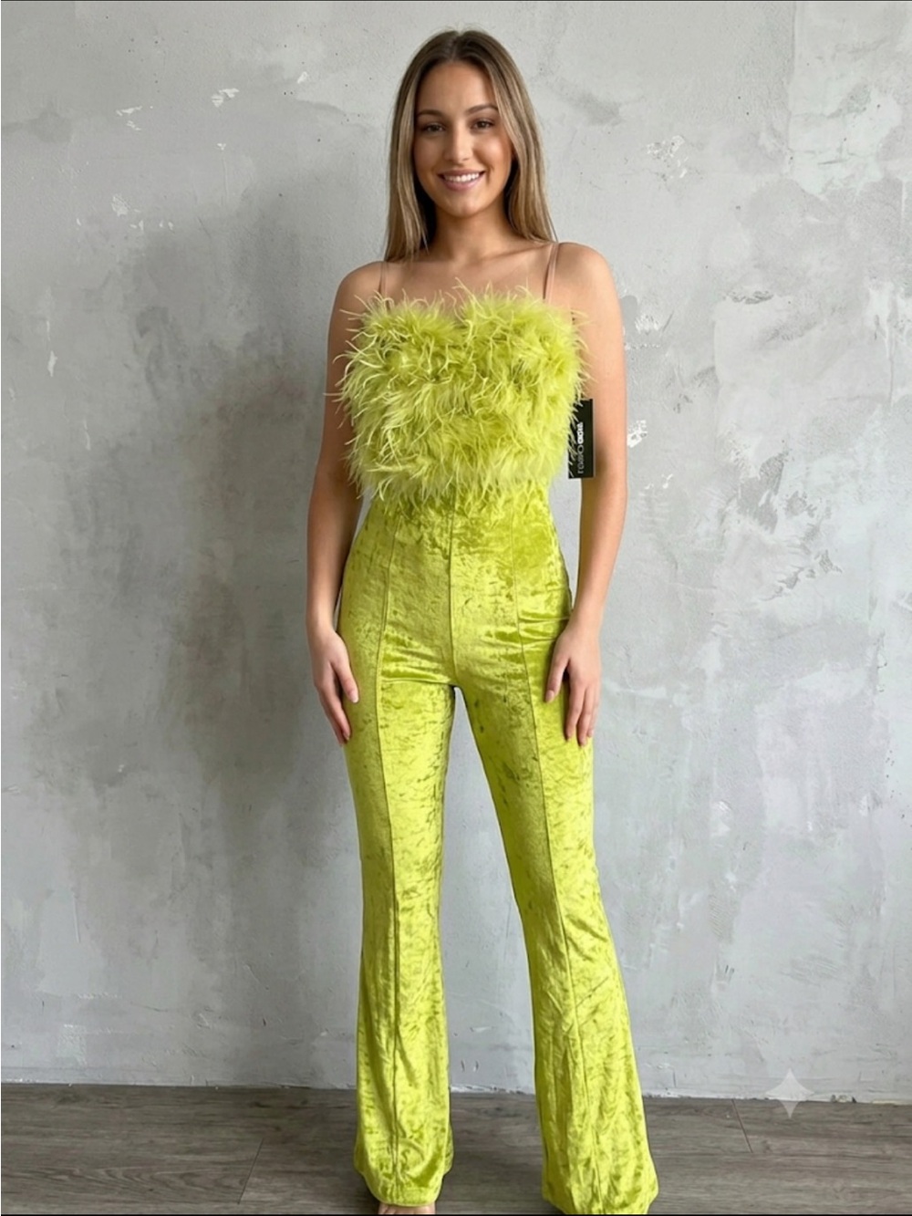 Fashion Nova Lime Feather-Trim Velvet Jumpsuit